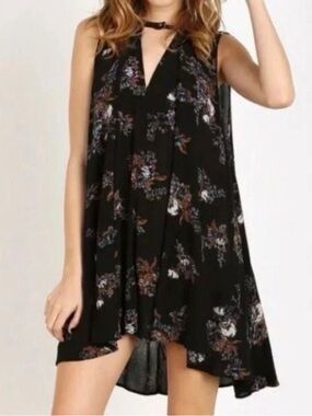 Free People Black Floral Sleeveless Tunic Dress XS Boho Flowy Rayon